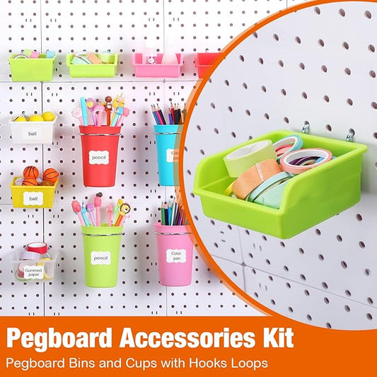 Sieral 64 Pieces Pegboard Bins Pegboard Cups with Hooks and Loops Peg Hooks Assortment Organizer Accessory for Organizing Accessories Tools Storage Office Workshop Garage Workbench (Colorful)