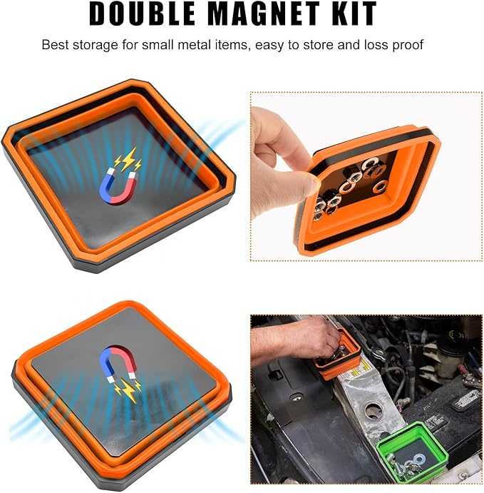 Collapsible Magnetic Parts Tray, 4.5 Inch Foldable Magnetic Square Silicone Tray, Tool Tray Set with Double-Sided Magnetic Base for Screw Bolts Nuts Pins, Car Accessories (Orange)
