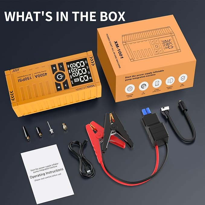 Jump Starter with Air Compressor, Battery Jumper Starter Portable(9.0 Gas/6.5L Diesel) with Tire Inflator, 12V Car Battery Jump Starter with Smart Jumper Cables, LED Light, LCD Display