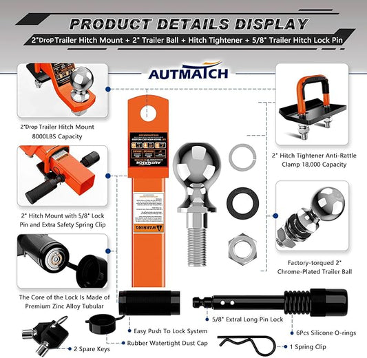 AUTMATCH Trailer Hitch Ball Mount with 2 Inch Hitch Ball - Fits 2" Receiver with Hitch Tightener, 8000Lbs Capacity Ball Hitch, 2-Inch Drop with 5/8" Hitch Lock Pin, Orange