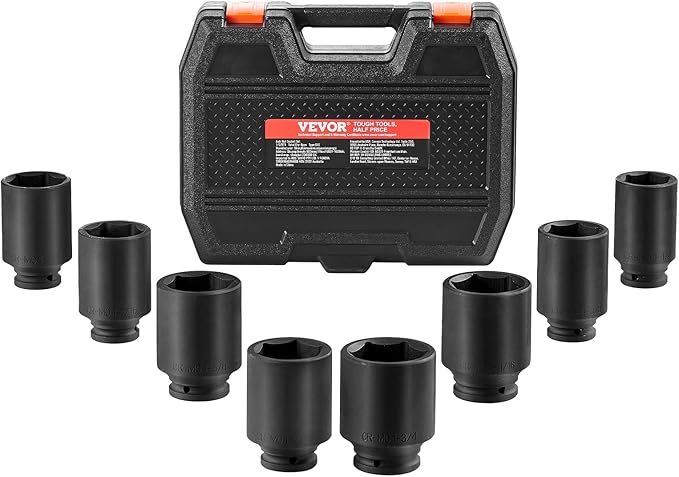 VEVOR Axle Nut Impact Socket Set, 1/2" Drive Deep 12-Point 8-Piece Metric Spindle Socket Set, CR-MO Heat Treated Large Socket Set with Storage Case, Auto Repair, Removing or Installing Axle Nuts
