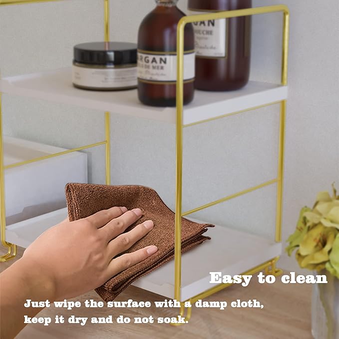 2-Tier Bathroom Countertop Organizer Perfume Organizer Makeup Shelf Bedroom Storage Tray or Kitchen Spice Rack (Gold)