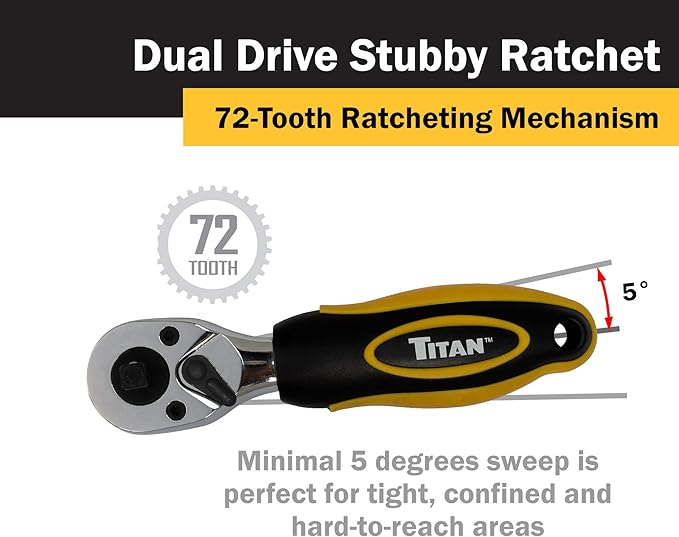 Titan 11050 1/4-Inch and 3/8-Inch Dual Drive x 5-1/2-Inch 72-Tooth Dual Head Stubby Ratchet