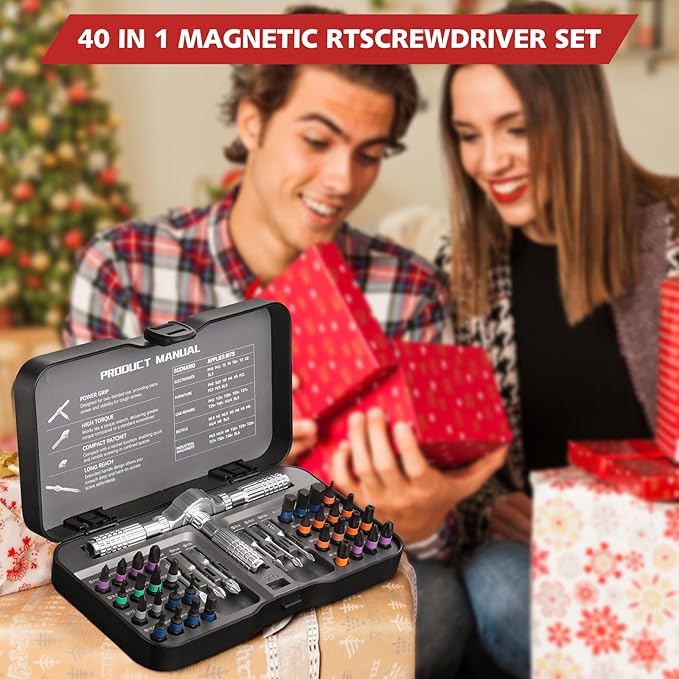 40 in 1 Magnetic Ratchet Screwdriver Set, S2 Steel Multi Bit Repair Tool Kit with Detachable Ratcheting Handle, Portable Compact Case for Furniture Assembly, Computer, Bicycle & DIY