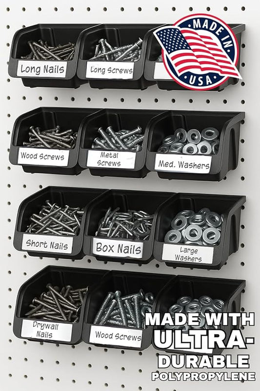 WallPeg Pegboard Bins - 6 Each 7" & 6 Each 5" ORGANIZING Bins - Hooks to Peg Board Panel Organize Hardware Arrange Accessories Workbench Tool Organizer Garage Storage -Made in USA-