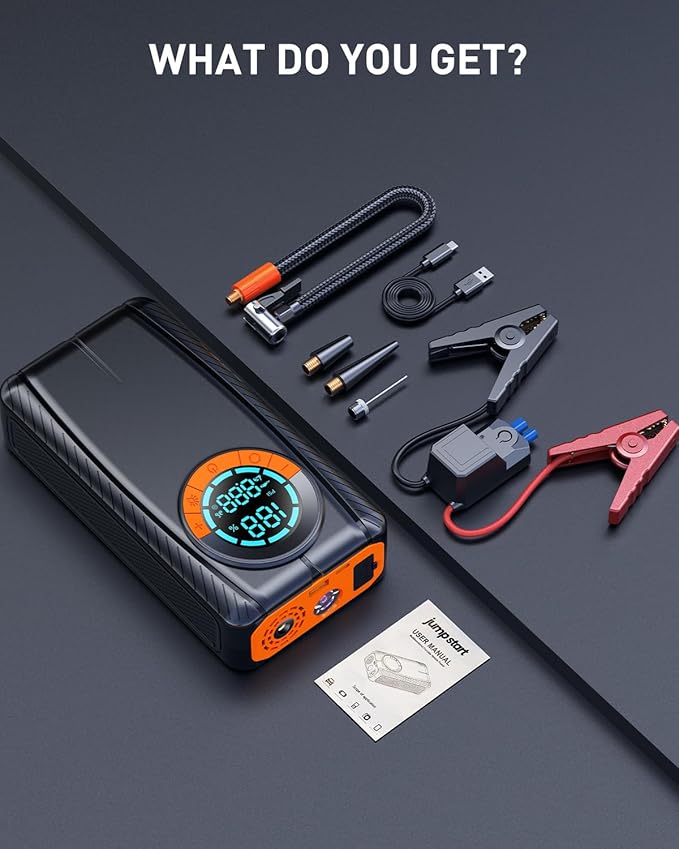 Jump Starter with Air Compressor, Car Battery Jump Starter (8.0 Gas/7.0L Diesel), Battery Jumper Starter Portable Jump Box, 12V Portable Car Jump Starter with Tire Inflator, LED Light (Retro)