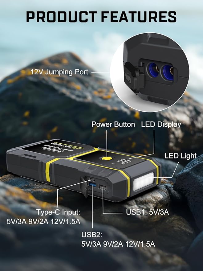 S ZEVZO H021 Car Jump Starter, Peak 5000A Jump Starter Battery Pack for Up to 10.0L Gas and 8.0L Diesel Engines, 12V Portable Jump Box with LCD Display, 3 Modes Flashlight and Protective Carrying Case
