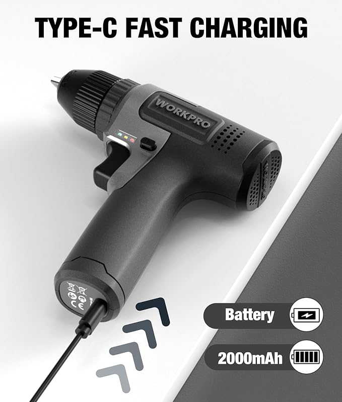 WORKPRO 8V Cordless Drill Set, 2Ah Electric Power Drill with 3/8'' Keyless Chuck, 15pcs Bits, Type-C Charging, Built-in LED and Variable Speed for Drilling and Screwing