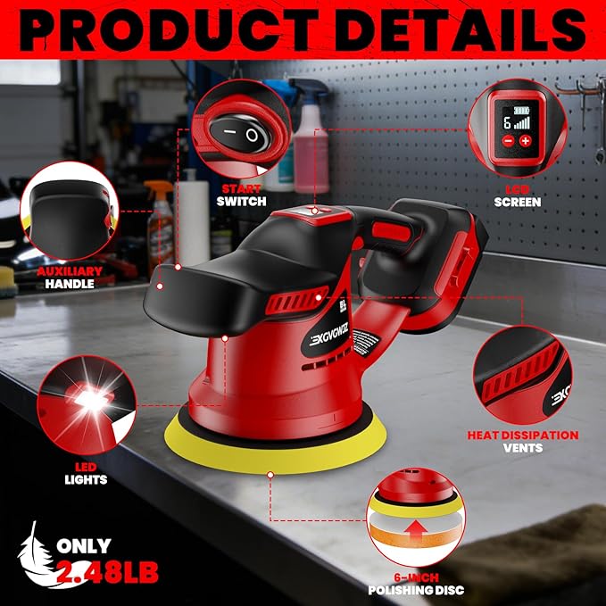 Cordless Buffer Polisher for Milwaukee 18V Battery, 450W Brushless Car Buffer Polisher Waxer with 6 inch disc, 6 Variable Speed Up to 5200 RPM for Waxing Polishing Scratch Removal (Tool only)