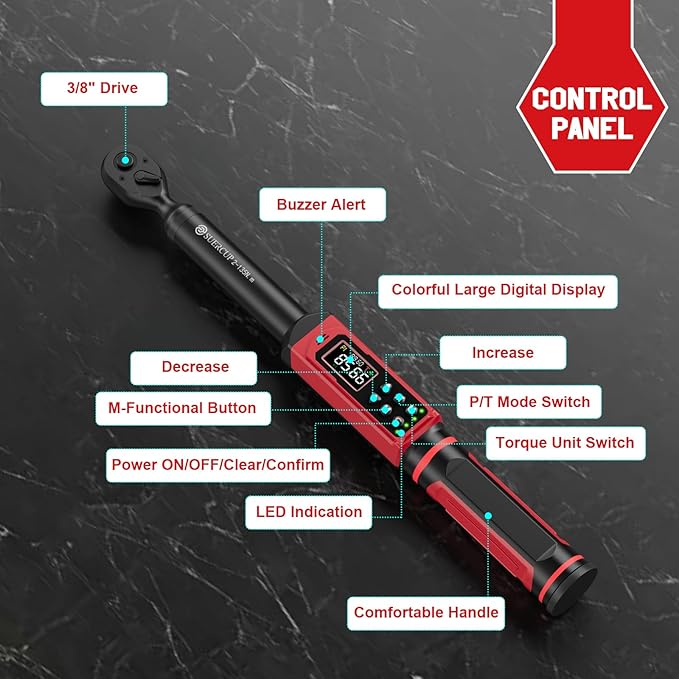 3/8-inch Digital Torque Wrench(1.5-99.6Ft.Lb/2-135Nm) ±1% Accuracy Digital Torque Wrench with Vibration, Buzzer,LED Notification and Five Units of Measure, for Motorcycle, Auto Repair