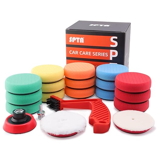 SPTA Drill Polishing Pads Kit, 20pcs 3inch (80mm) Car Foam Polishing Buffing Pads, Wool Pads, Multifunctional Cleaning Brush, Backing Plate for Car Polisher Polishing,Buffing and Cutting