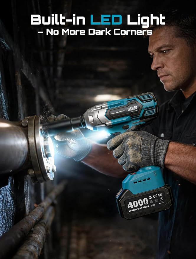 Seesii Cordless Impact Wrench 1/2 inch, High Torque 479 Ft-lbs(650Nm) Brushless Impact Gun,2500RPM w/2x4.0 Battery, 6 Sockets,8 Drill Bits, High Torque Power Impact Driver for Car Home,WH700