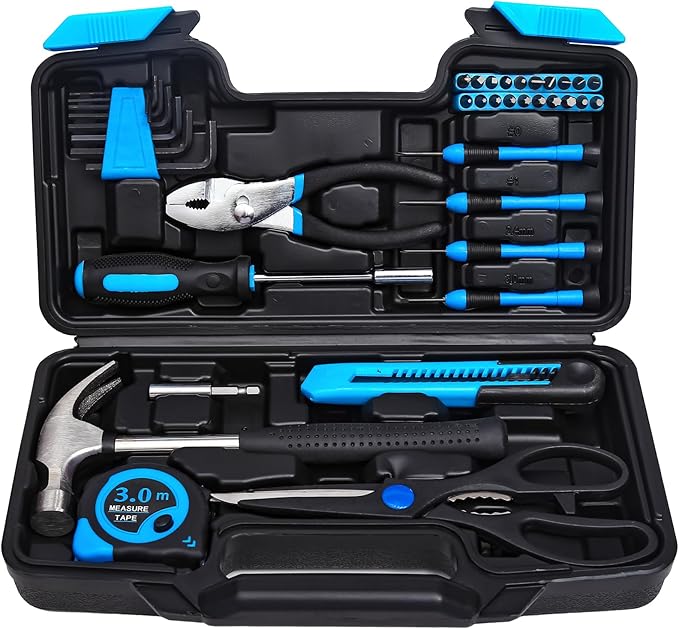 39 Piece Basic Home Tool Set Household Tool Set General Repair Small Hand Tool Kit in Toolbox Storage Case for Home Garage Office College Dormitory Use, Blue