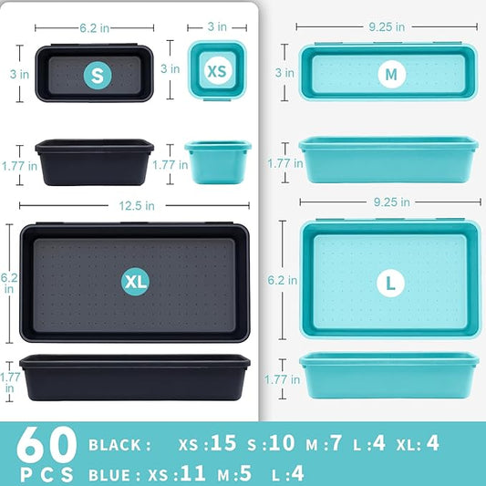 Tool Box Organizer Tray, Toolbox Desk Drawer Organizer, Tool Box Tray, Toolbox Organization Storage for Rolling Tool Chest (60PCS (Blue+Black))