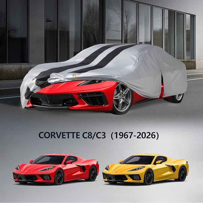 Multi-Layer Car Cover Custom Fit for Corvette C8/C3(1968-2026), 100% Waterproof All Weather for Automobiles, Gift with Towel, Heavy Duty Car Covers for Rain Sun UV Protection with Door Zipper