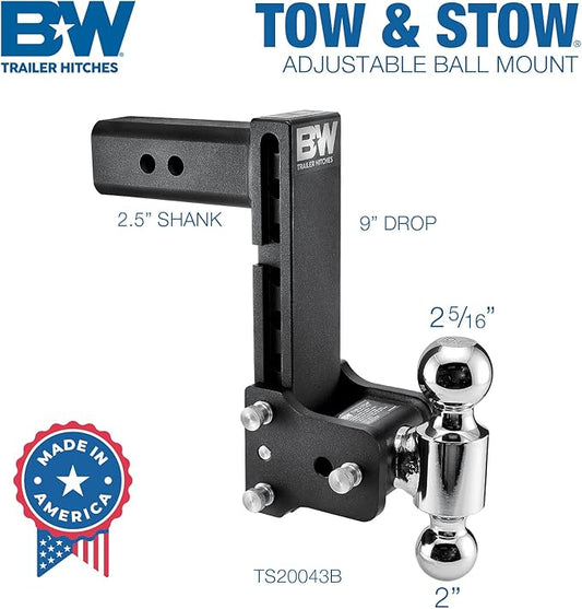 B&W Trailer Hitches Tow & Stow Adjustable Trailer Hitch Ball Mount - Fits 2.5" Receiver, Dual Ball (2" x 2-5/16"), 8.5" Drop, 18,000 GTW - TS20043B