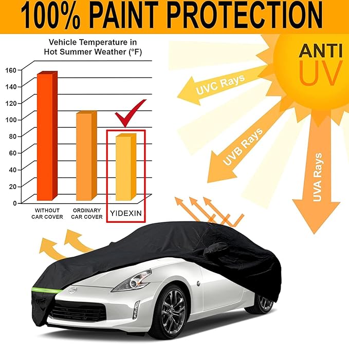 YIXIN Waterproof Car Covers for 2009-2026 Nissan 370Z / 370Z Nismo Car Cover 190T Covers Customer Fit 100% Waterproof Windproof Strap & Double Door Zipper Up to 174” L