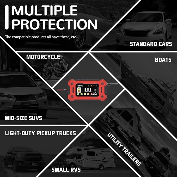 10-Amp Car Battery Charger,Support 1A 6A 0-10A,Trickle Charger for Car Battery 12v,Fast Battery Chargers Automobile 12volt,Smart Lifepo4,AGM,Lithium Battery Chargers for Auto Motorcycle Marine
