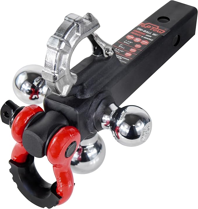 TOPTOW Trailer Hitch Tri-Ball Hitch Mount with Chrome 1-7/8-in, 2-in, 2-5/16-in Tow Balls, 3/4-in Tow Shackle and Tow Hook, Fit for 2 inch Trailer Hitch Receiver