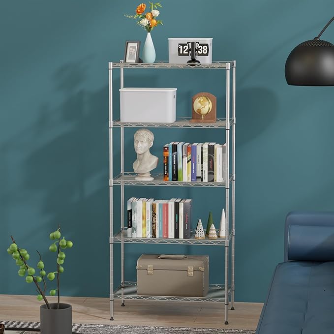 BestOffice 5-Shelf Storage Shelves, Adjustable Shelving Unit Wire Shelving Metal Shelves,11.6" D x 21.5" W x 47.6" H,Chrome