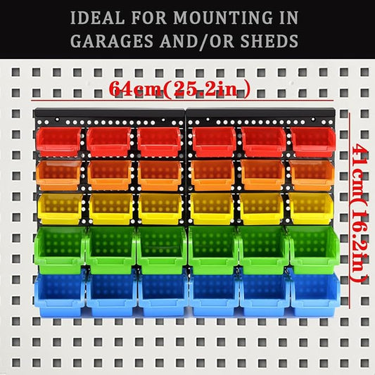 30-Bin Wall Mounted Storage Bins Kit, Tool Organizer Rack, Garage Hardware Organizer, 5 Color Parts Storage Bins, DIY Combination