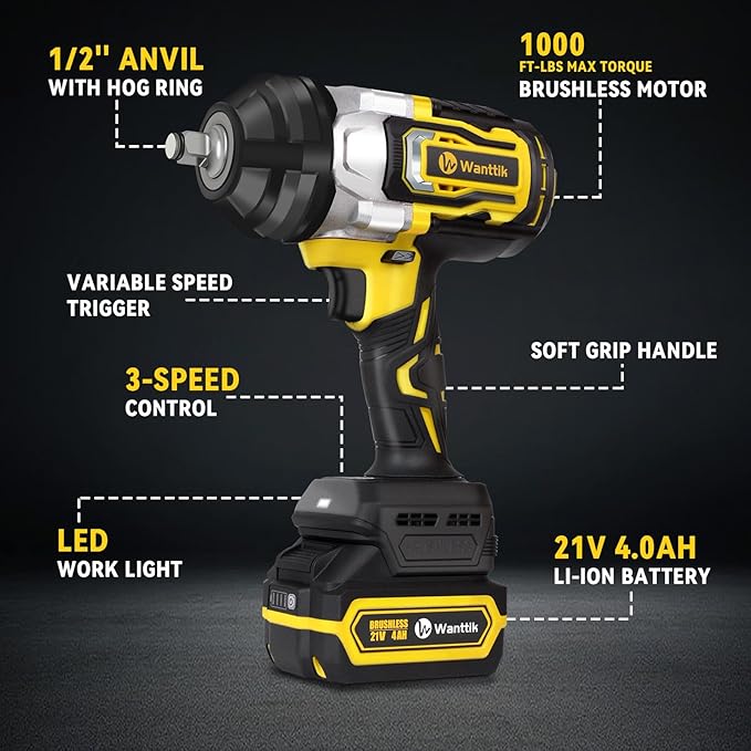 Cordless Impact Wrench 1/2 inch Impact Gun with Charger & 5 Sockets, Brushless Motor, 1000Ft-lbs, 21V, 4.0Ah Battery, Variable Speeds for Car/Pickup Truck/Mower/Industrial Tasks