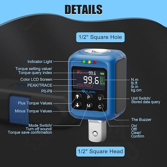 Digital Torque Adapter 1/2", 1.5-99.6 Ft-lb/2-135 Nm, Digital Torque Wrench Converter with ±2% Accuracy, Buzzer and LED Indicator, 2 Modes, 4 Units, 3/8'' & 1/4'' Adapters for Car, Moto