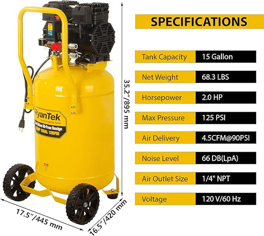 15-Gallon Air Compressor,2HP,Vertical Tank, 4.5CFM@90PSI,Quiet 66dB Twin Cylinder, Oil-Free, for Inflation, Nail Guns,Auto Repair, Painting, Woodworking and Home Use(Maximum Pressure 125 PSI)