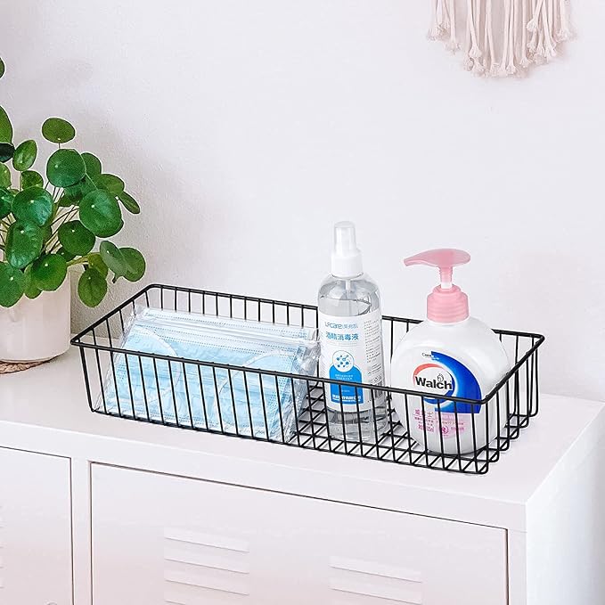 Wetheny Farmhouse Décor Metal Wire Organizer Storage Basket Bin(4 Pack)-Toilet Paper Storage-Organization and Storage for Bedroom, Bathroom, Kitchen Cabinets, Pantry, Laundry Room, Garage (Black)