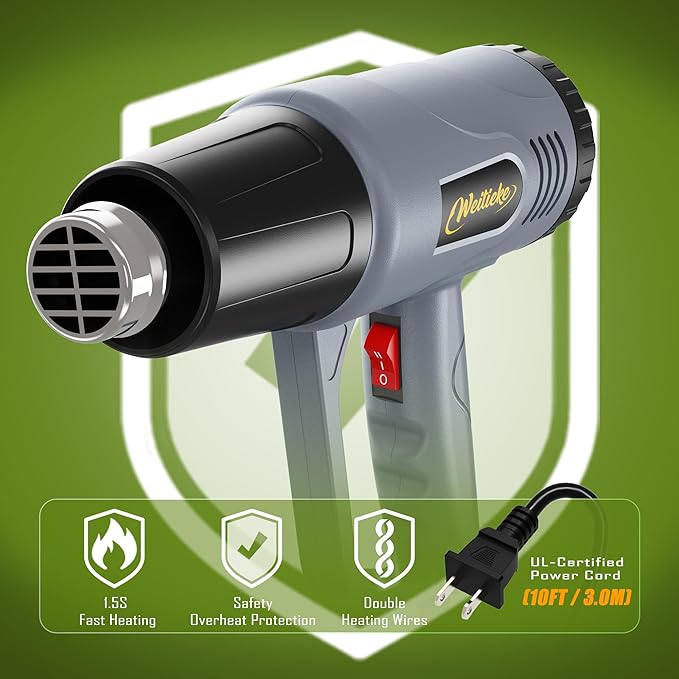 Heat Gun, 10Ft power cord Heavy Duty Hot Air Gun 572&1112℉ Dual Temperature Control 4 Nozzels & Paint Scraper Overload Protection for Paint Stripping,Crafting, vinyl wrap