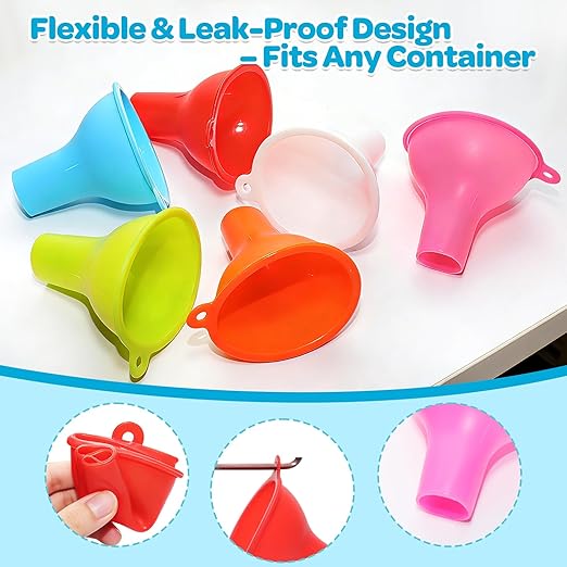 6-Piece Colorful Silicone Funnel Set for Kitchen & Cooking - Flexible Liquid & Powder Funnel with Hang Holes, 2.76" Pour Spout & 0.98" Bottle Neck Fit (Blue, White, Pink, Red, Green, Orange)