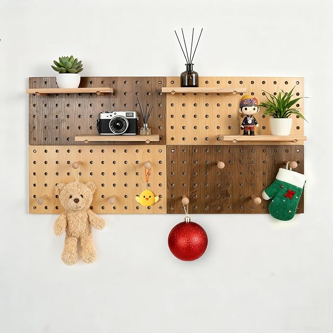 Brown Wood Pegboard Modular Display Wooden Pegboard Combination Wall Organizer Storage Wall Hooks Shelf for Home, Office, Bathroom, Comes with 2 Pieces Pegboards