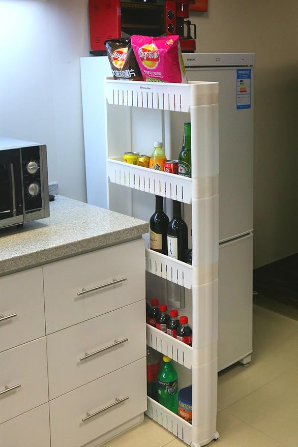Laundry Room Organizer, Mobile Shelving Unit Organizer with 5 Large Storage Baskets, Gap Storage Slim Slide Out Pantry Storage Rack for Narrow Spaces