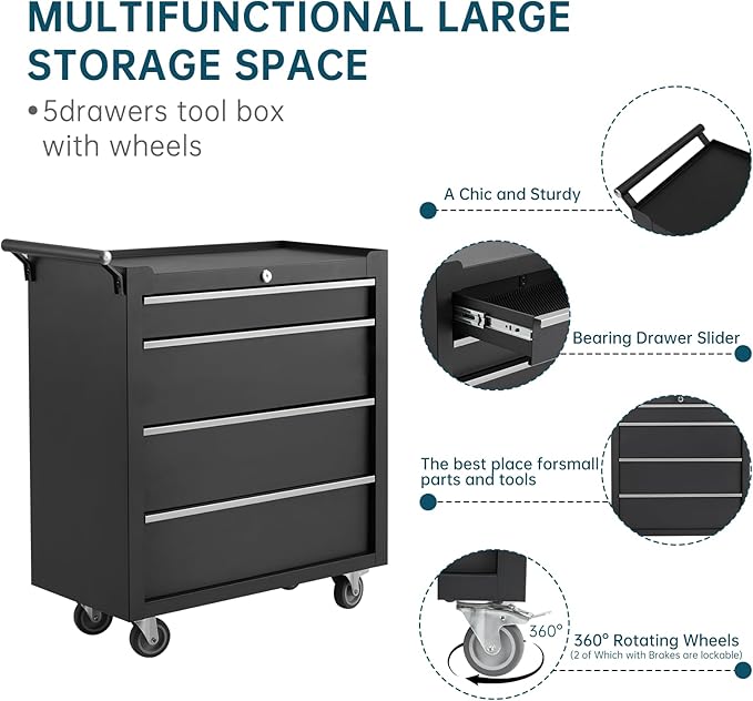 GarveeLife 4-Drawer Tool Box 24" Garage Tool Box with Key Lock and Removable Drawer Liners, Wheeled Design, Suitable for Garages, Warehouses, Workshops, and Repair Shops - Black