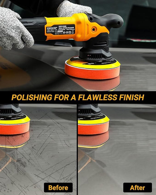 Car Buffer Polisher: 6 Inch Dual Action Orbital Buffer Polisher, 7 amp, 6 Variable Speed 1800-5500 RPM Random Polisher Kit with 4 Buffing Pads for Car Detailing Polishing Waxing DEKOPRO(Yellow)