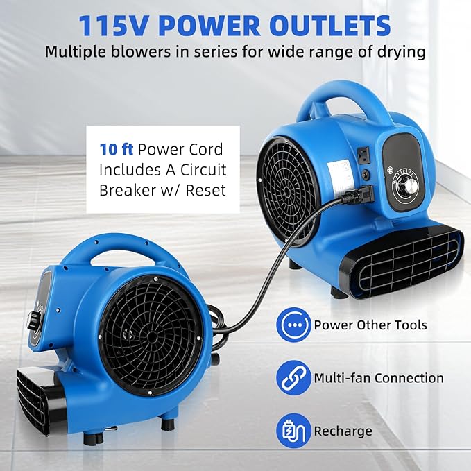 Air Mover, 1/4 HP 1000 CFM Carpet Dryer for Cooling and Ventilating, Portable Floor Blower Fan with 4 Blowing Angles and Time Function, for Janitorial, Home, Commercial Use
