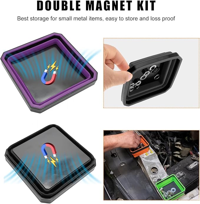 Collapsible Magnetic Parts Tray, 4.5 Inch Foldable Magnetic Square Silicone Tray, Tool Tray Set with Double-Sided Magnetic Base for Screw Bolts Nuts Pins, Car Accessories (Black+Purple, 2PCS)