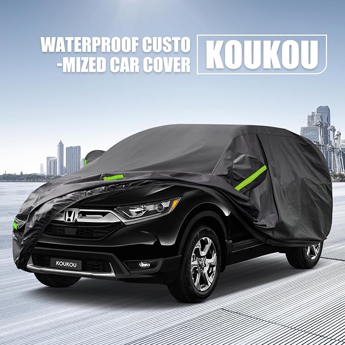 KouKou Waterproof SUV Car Cover Suitable for Honda CRV from 1995 to 2025, 7 Layers Windproof All Weather Waterproof Outdoor Cover Sun Rain UV Dust Snow Protection. Black