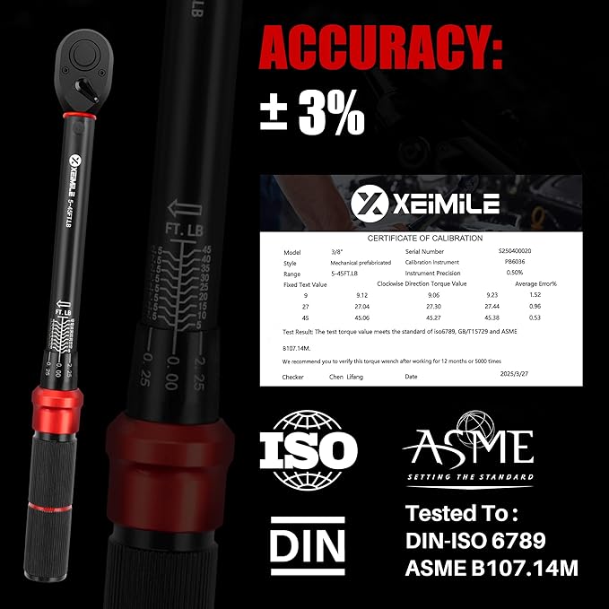 3/8-Inch Drive Click Torque Wrench - 5-45 Ft-Lb/6.8-61Nm, Dual-Direction Adjustable 72 Tooth Click Torque Wrench with Dual Range Scales, High 3% Precision for Bike, Motorcycle and Car Repair