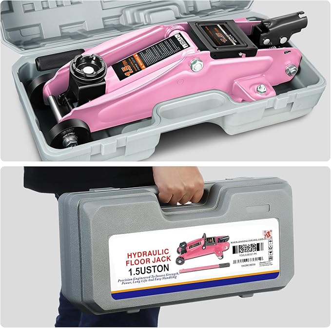 PM PERFORMOTOR Low Profile Hydraulic Trolley Service/Floor Jack, 1.5 Ton (3000 lbs) Capacity, Lifting Range 5.3"-12",Pink,PM-TOL-FJ15-PK