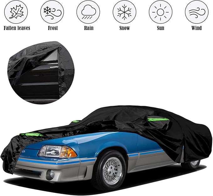 Waterproof Car Covers Replace for 1979-1993 Ford Mustang, 6 Layers All Weather Car Cover with Zipper Door & Windproof Bands for Snow Rain Dust Hail Protection