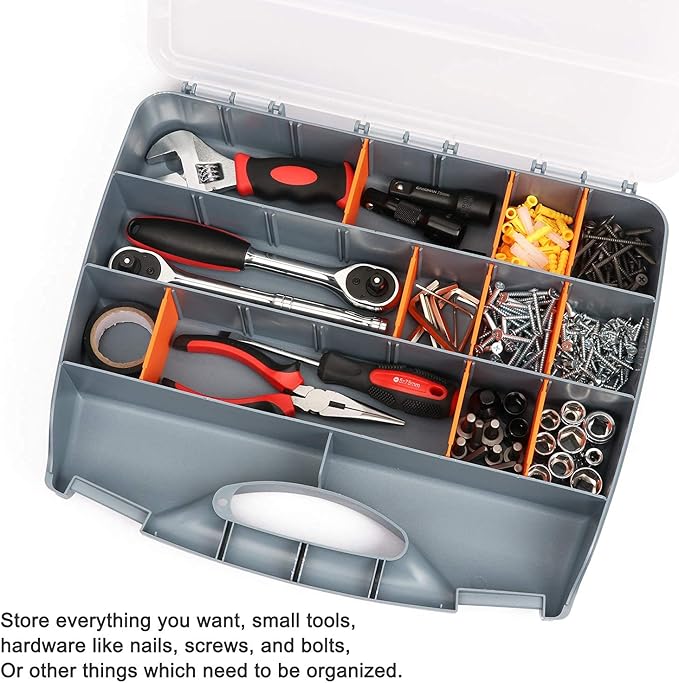 Makitoyo Hardware Storage Box Tools Organizer Container with Handle and Clear Lid, 21 Adjustable Compartments and 2 Fixed Sections,Perfect for Screws,Nuts, Bolts and Small Parts,15"L x 12.9"W x 2.9"H