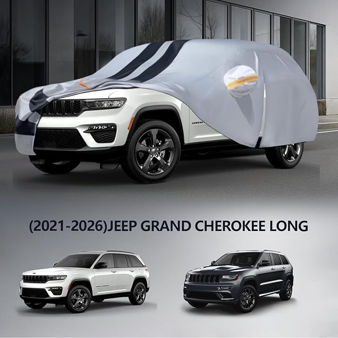 Multi-Layer Car Cover Custom Fit for Jeep grand Cherokee long(2021-2026), 100% Waterproof All Weather for Automobiles, Gift with Towel, Heavy Duty Car Covers for Rain Sun UV Protector With Door Zipper