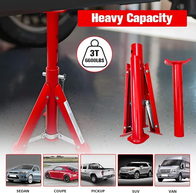 YATOINTO Foldable Jack Stands 3 Ton (6,600 LBs), 11.42"-16.06" Adjustable Height with Mobility Safety Pin,Car Jack Stand for Home&Garage, Workshops,Lifting SUV, Pickup Truck,UTV/ATV, Red, 1 Pair