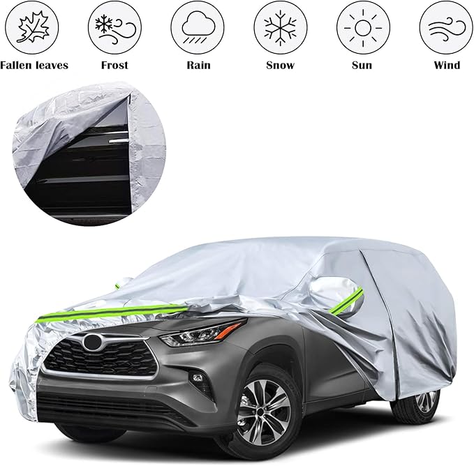 Waterproof Car Covers Replace for 2008-2025 Toyota Highlander, 6 Layers Silver All Weather Car Cover with Zipper Door & Windproof Bands for Snow Rain Dust Hail Protection