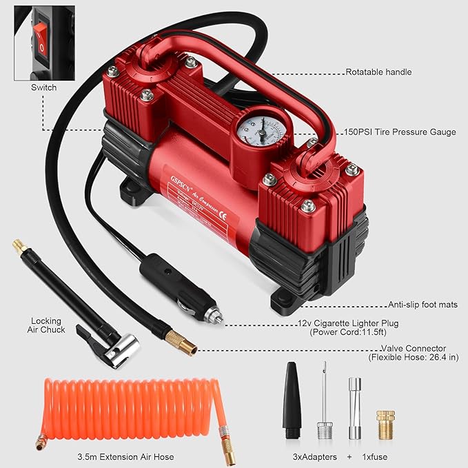 GSPSCN 6X Faster Inflation Tire Inflator Heavy Duty Double Cylinders with Portable Bag- Car Accessories,Metal 12V Air Compressor Pump 150PSI with Adapter for Car, Truck, SUV Tires, Dinghy, Air Bed