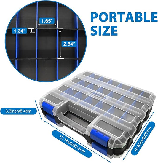 Double Side Tool Box Organizer, Hardware Storage Box, Portable Small Parts Organizer with Removable Plastic Dividers for Screws, Nuts, Nails, Bolts (Blue)