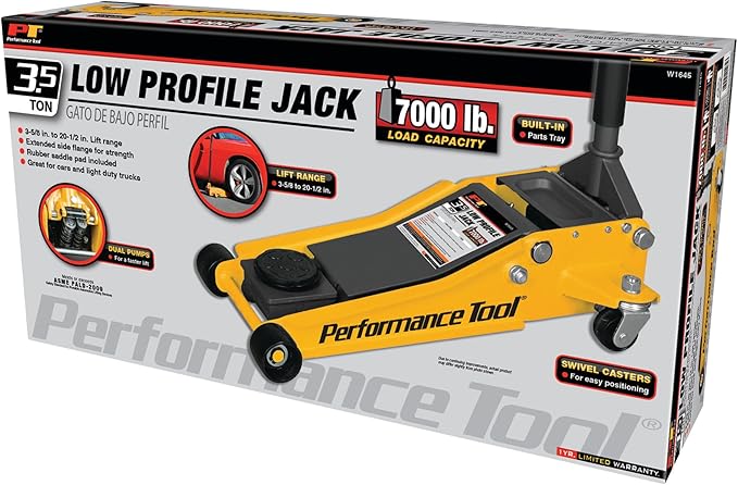 Performance Tool W1645 Professional Low-Profile Swiveling Floor Jack, 3.5-Ton Capacity, Lift Range 3-1/2-Inch to 20-1/2-Inch