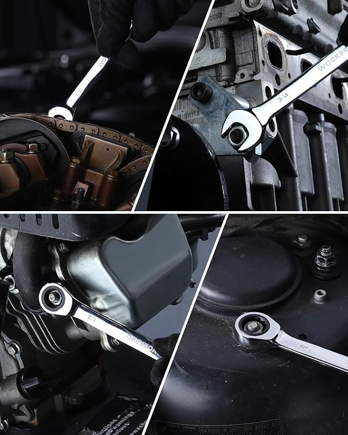 WORKPRO 9/16" Ratcheting Combination Wrench SAE, CR-V Constructed with Mirror Polish Chrome Plating, 12-Point Design, 15-Degree Offset