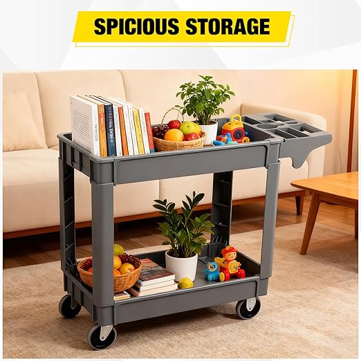 Heavy Duty 2-Shelf Plastic Utility Cart - 550 lbs Capacity Rolling Service Cart with 5" TPU Silent Wheels & Integrated Tool Handle - Grey